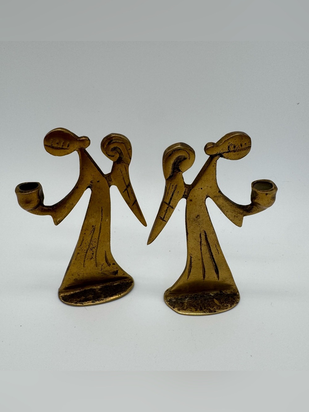 Vintage Mid Century Brutalist Solid Brass Angel Candle Holders Made in Korea - Picture 2 of 8